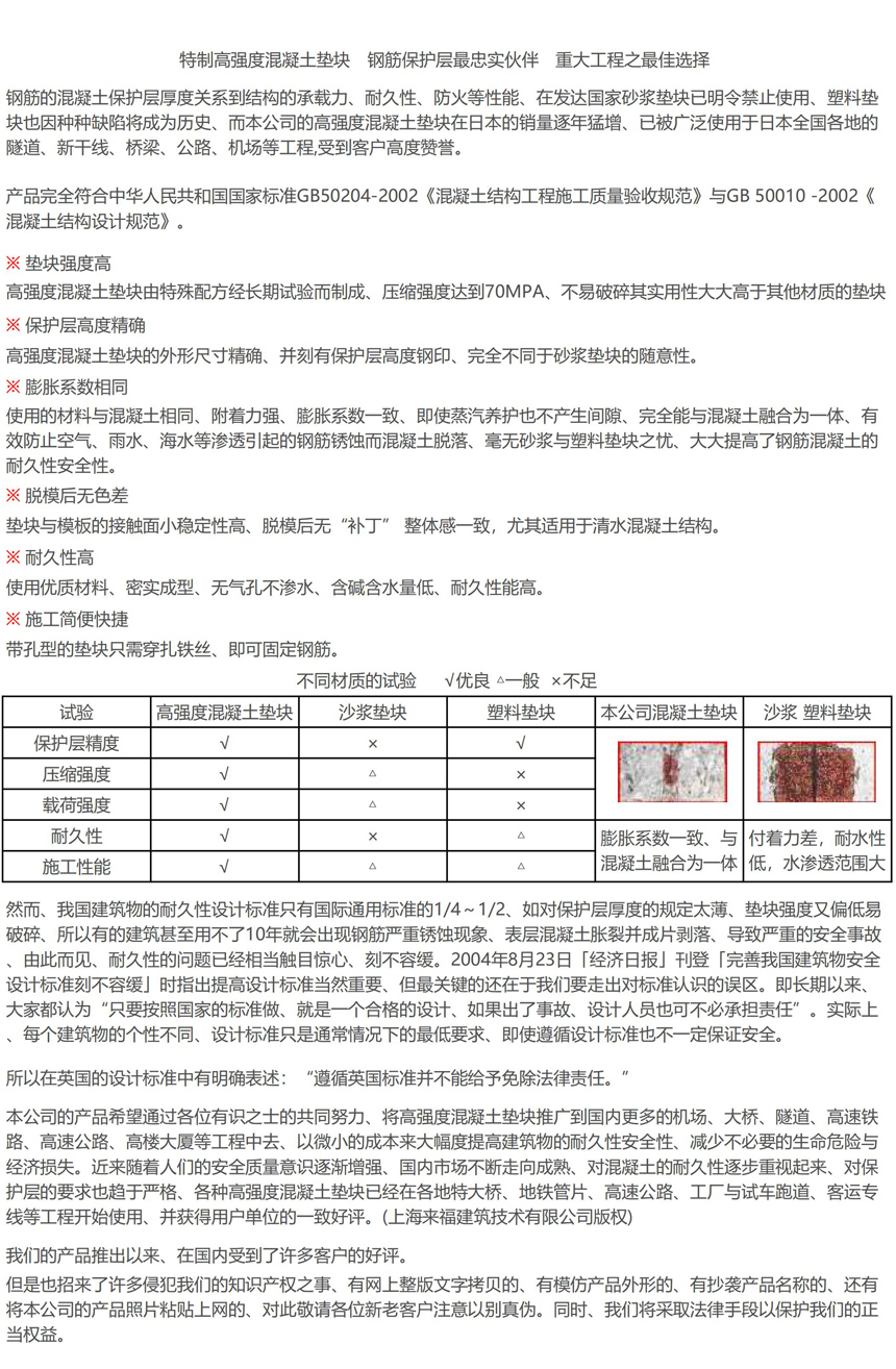 高强度高耐久性混凝土垫块概述